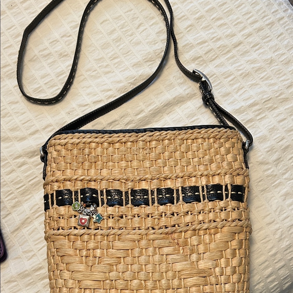 Brighton Tan Woven Crossbody with Black Trim and Charm